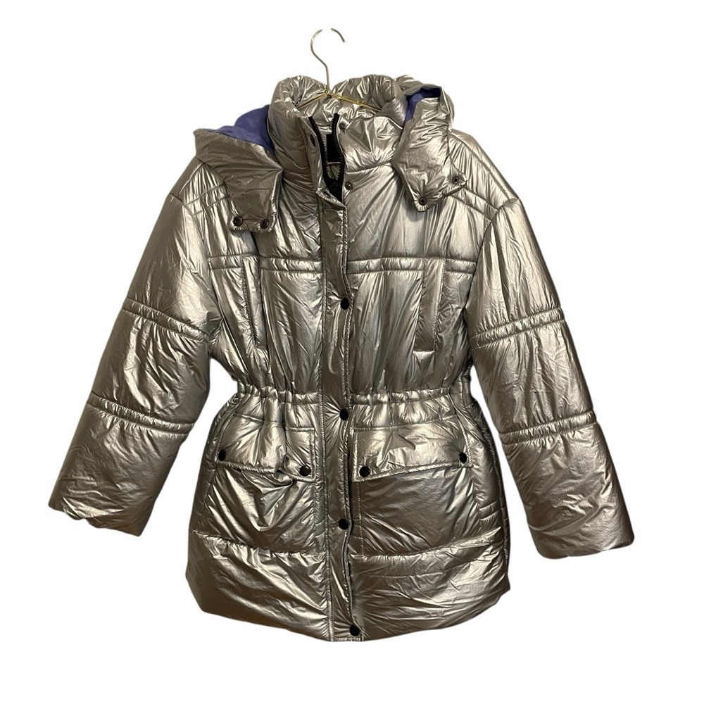 Urban Outfitters Metallic Silver Hooded Puffer Parka Jacket Womens S NEW
